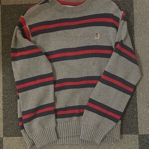 Tommy Hilfiger Gray and Red Striped Crewneck Sweater